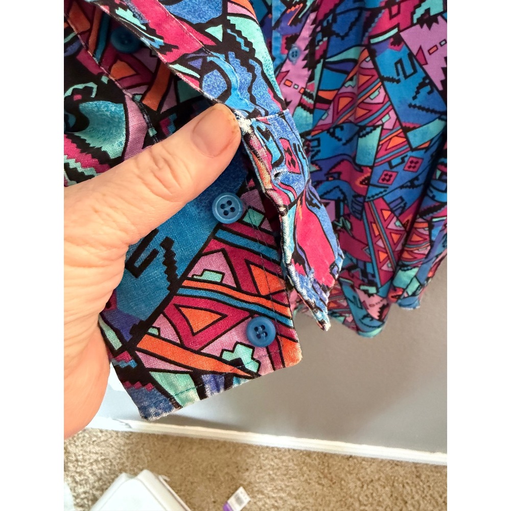 VTG Brooks & Dunn Panhandle Slim Shirt 18/35 Aztec Western Bright Blue Pink USA - Picture 3 of 9